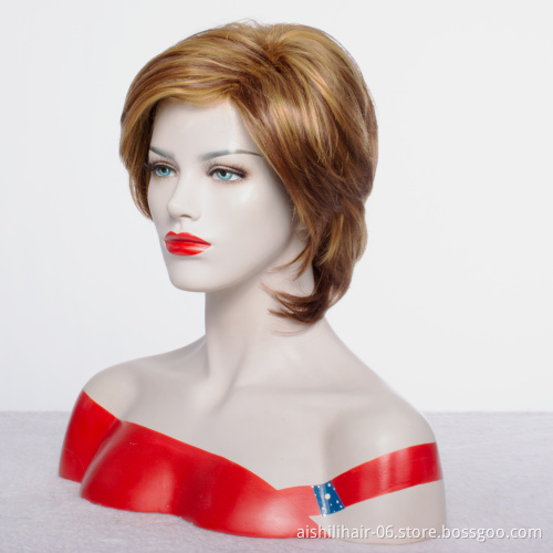 Wholesale natural  stort mix golden and  brown fibre synthetic hair wigs for women
